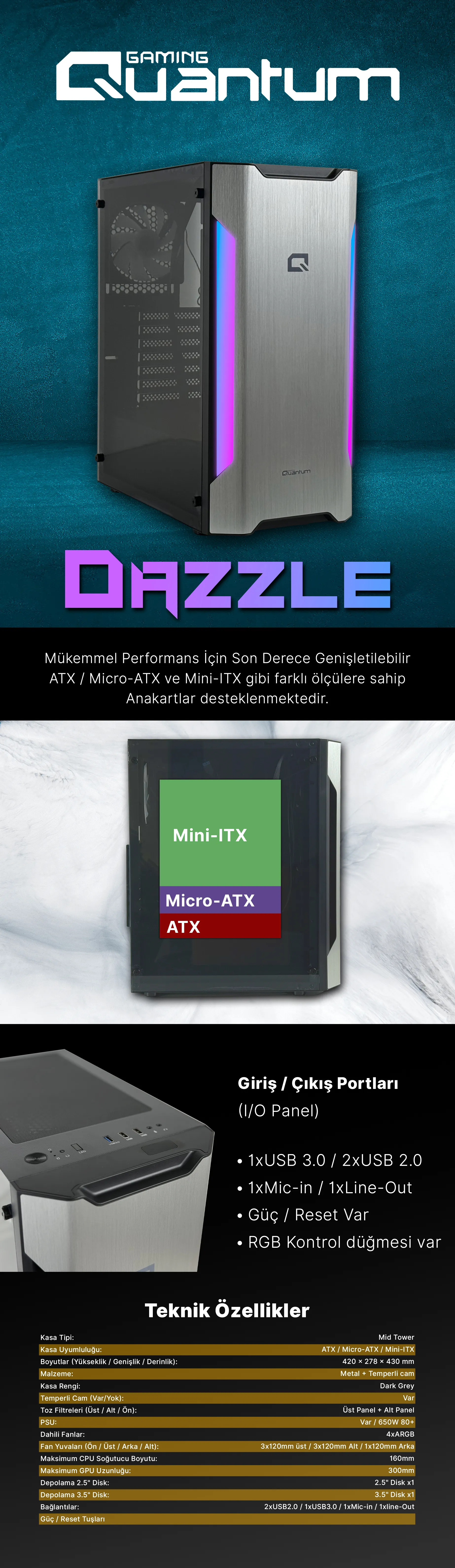 Quantum Gaming Dazzle DZ1706 I5-14400F 16GB Ddr5 500GB Nvme Rtx 5060 8gb Freedos Oyun Bilgisayarı görsel 2