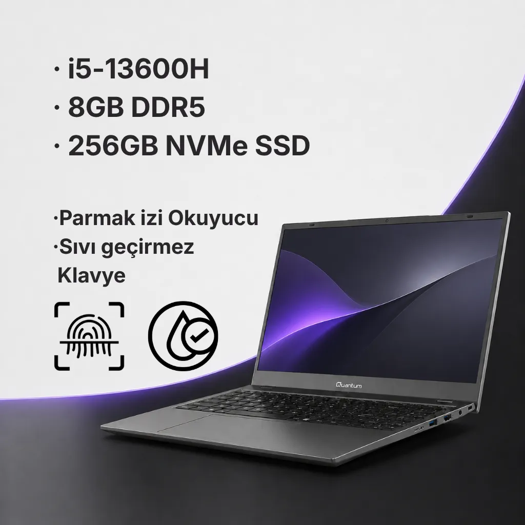 Quantum Prime TM1200 Intel I5-13600H 8gb 256GB SSD HDMI+WIFI+RJ45 Işıklı Klavye Parmak Izi Okuyucu 15.6" Fhd IPS Freedos Notebook QNNTB10B060717 görsel 2