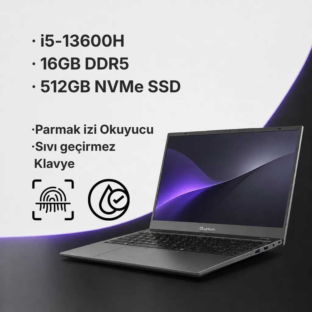 Quantum Prime TM1200 Intel I5-13600H 16GB 512GB SSD HDMI+WIFI+RJ45 Işıklı Klavye Parmak Izi Okuyucu 15.6" Fhd IPS Freedos Notebook QNNTB10B060719 görsel 2