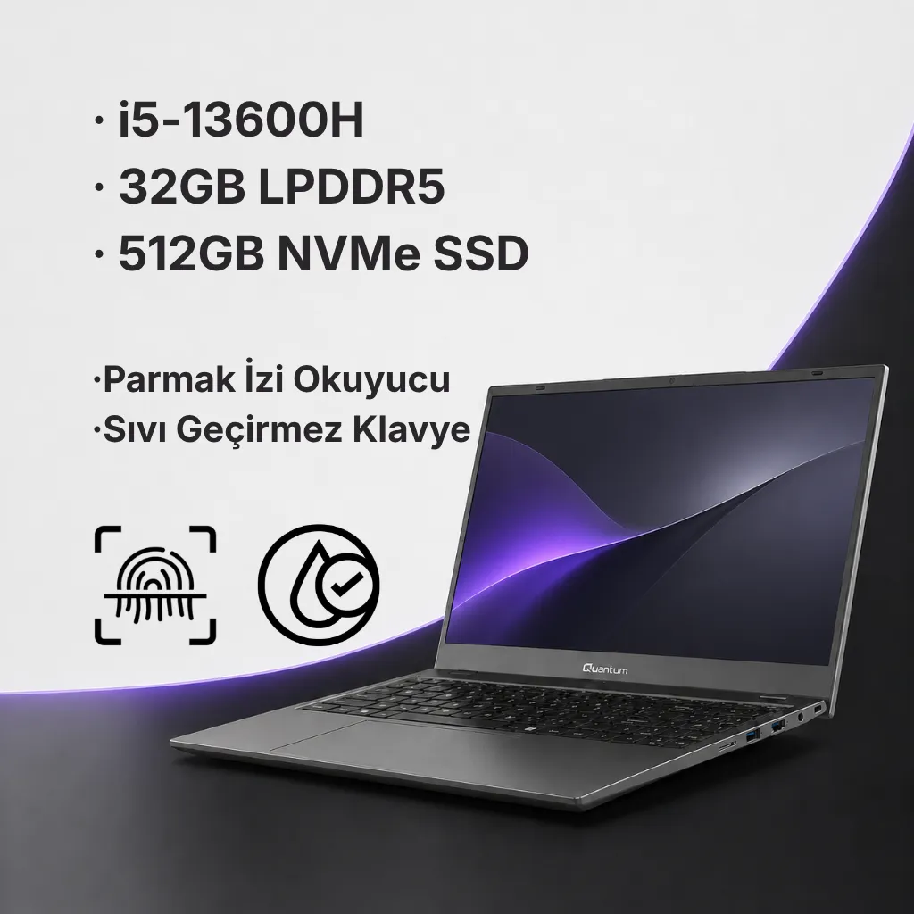 Quantum Prime TM1200-S I5-13600H 32GB Lpddr5 512GB Nvme 15.6" Su Tahliyeli Klavye ve Parmak Izi Okuyuculu Notebook görsel 2